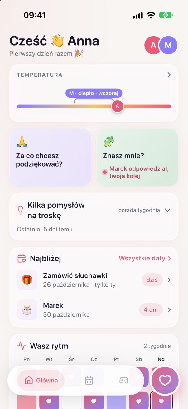 Ekran główny Dwoje: temperatura, karty dnia i najbliższe daty